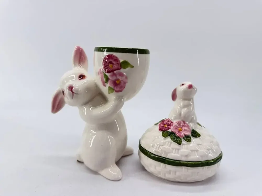 Vintage Avon Easter Bunny Candle Holder Trinket Box Brazil 1981 1982 Set
